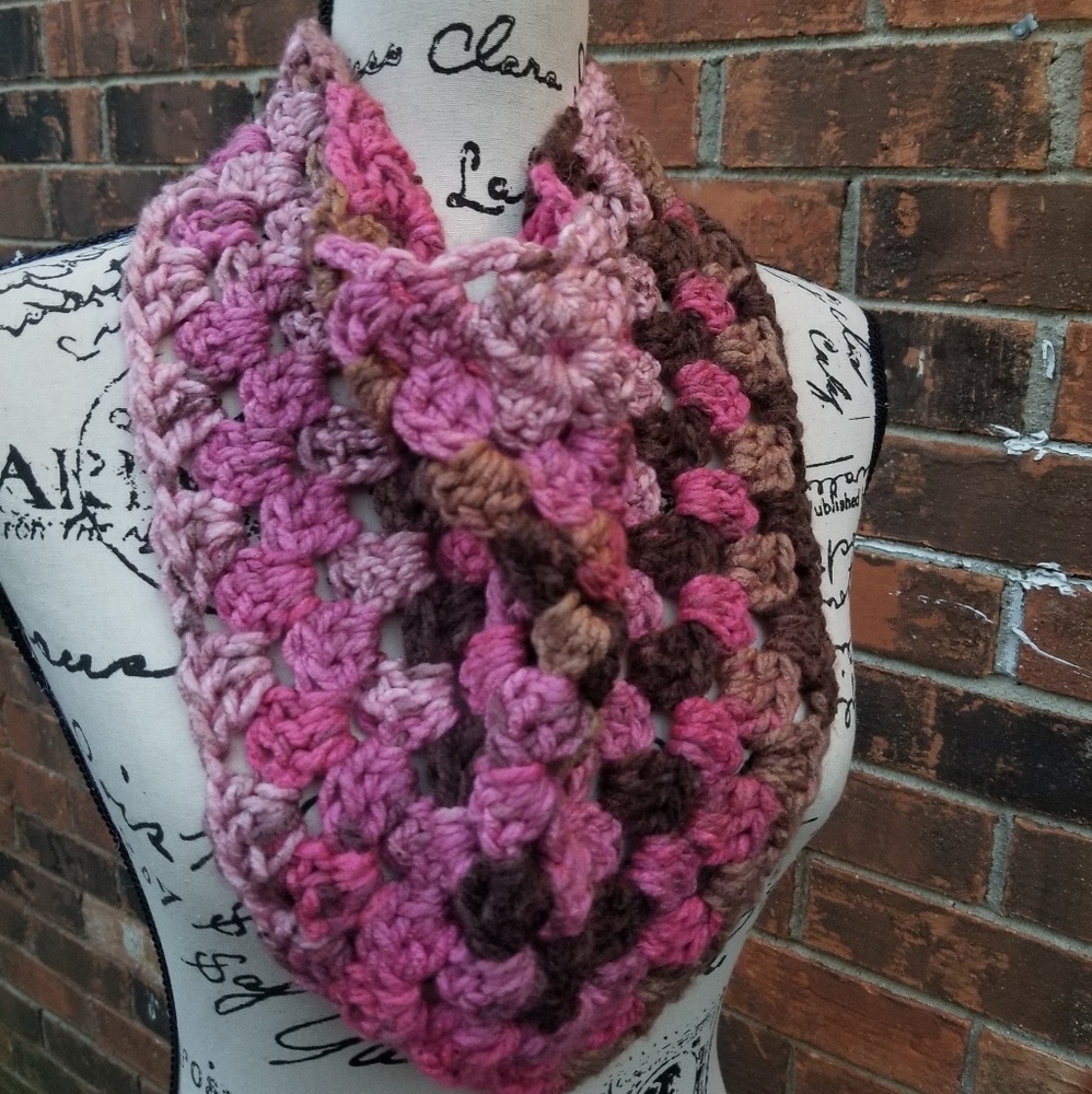 NWT Handmade Crochet Mini Shawlette Pink Brown Charcoal